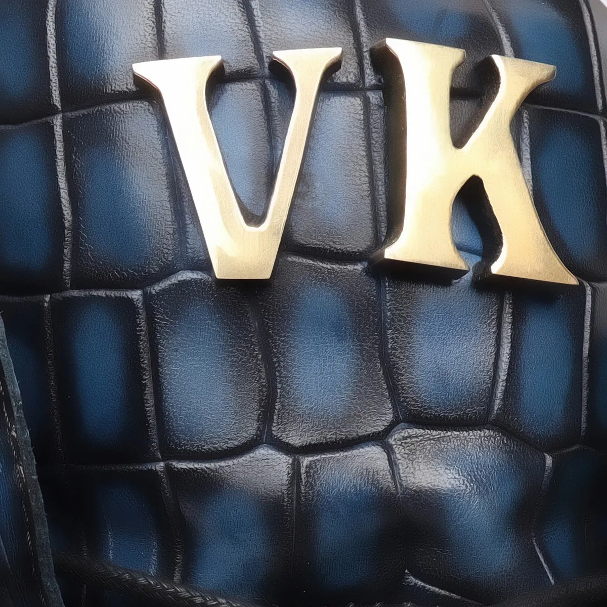 Bespoke "VK" Initial Blue Deep Cut Croco Leather Biker Boots For Men By Brune & Bareskin