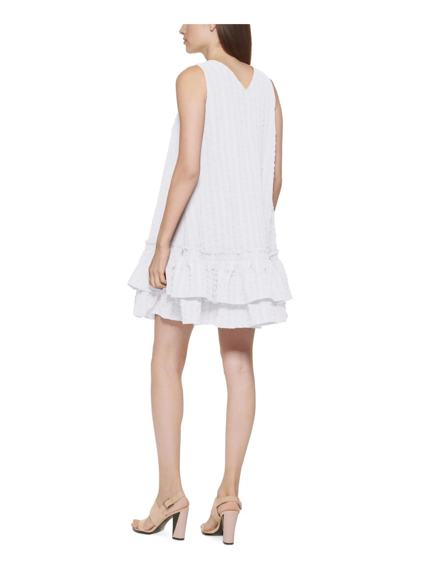 CALVIN KLEIN Womens White Zippered Ruffled V-back Banded Waist Layered Flutter Sleeve V Neck Above The Knee Fit   Flare Dress