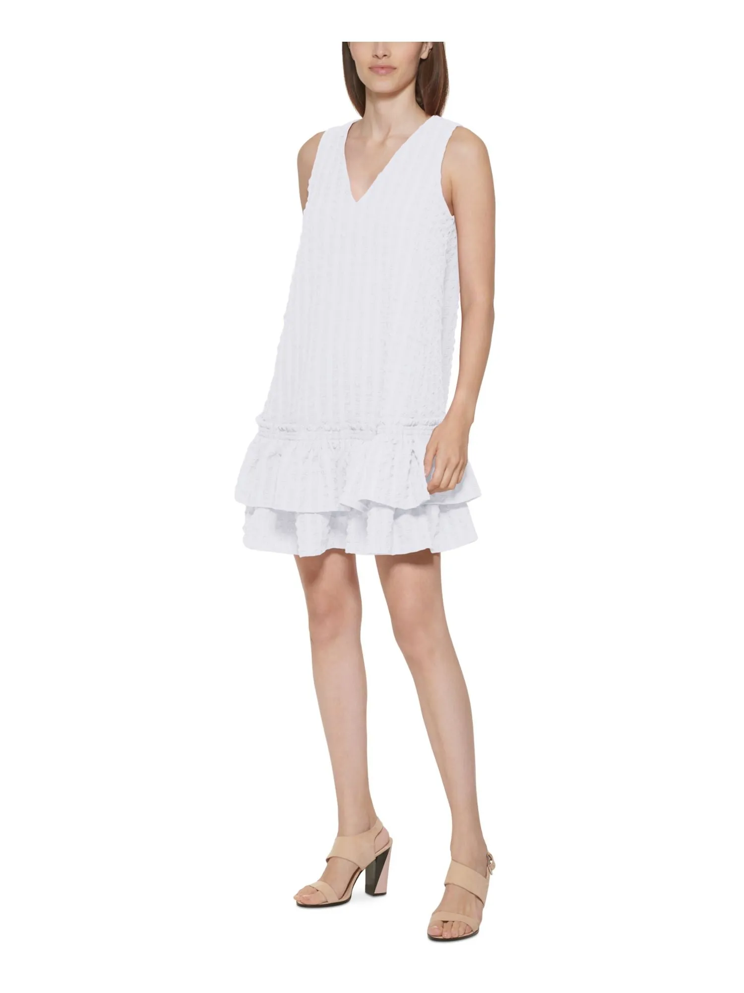 CALVIN KLEIN Womens White Zippered Ruffled V-back Banded Waist Layered Flutter Sleeve V Neck Above The Knee Fit   Flare Dress