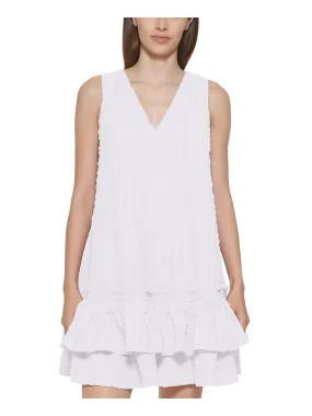 CALVIN KLEIN Womens White Zippered Ruffled V-back Banded Waist Layered Flutter Sleeve V Neck Above The Knee Fit   Flare Dress