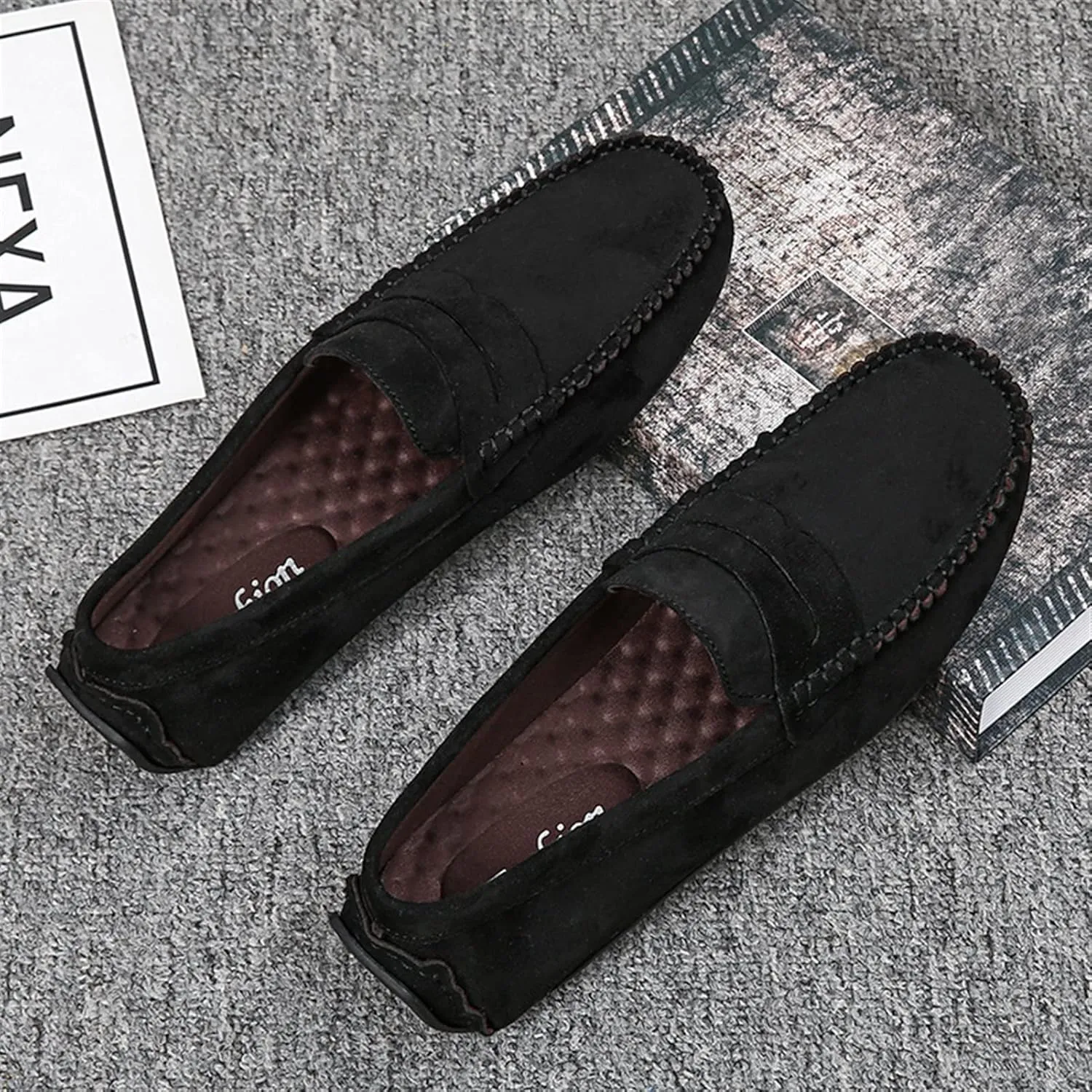 Easy to Put and Remove. Loafer Shoes Driving Moccasins for Men Genuine Leather Round Toe Suede Vamp Penny Loafer Lightweight Anti-Slip Resistant Flat Heel Flexible Outdoor for All Occasions