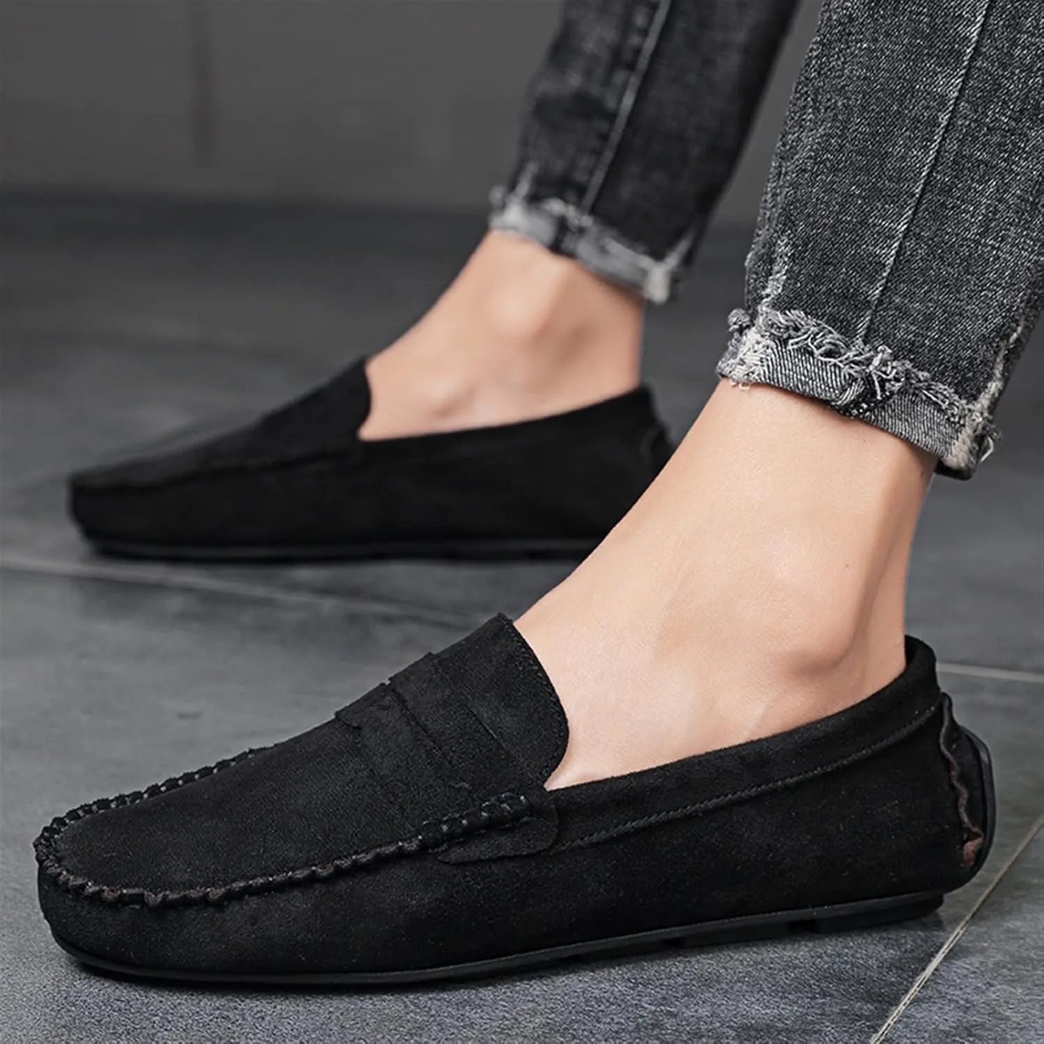 Easy to Put and Remove. Loafer Shoes Driving Moccasins for Men Genuine Leather Round Toe Suede Vamp Penny Loafer Lightweight Anti-Slip Resistant Flat Heel Flexible Outdoor for All Occasions