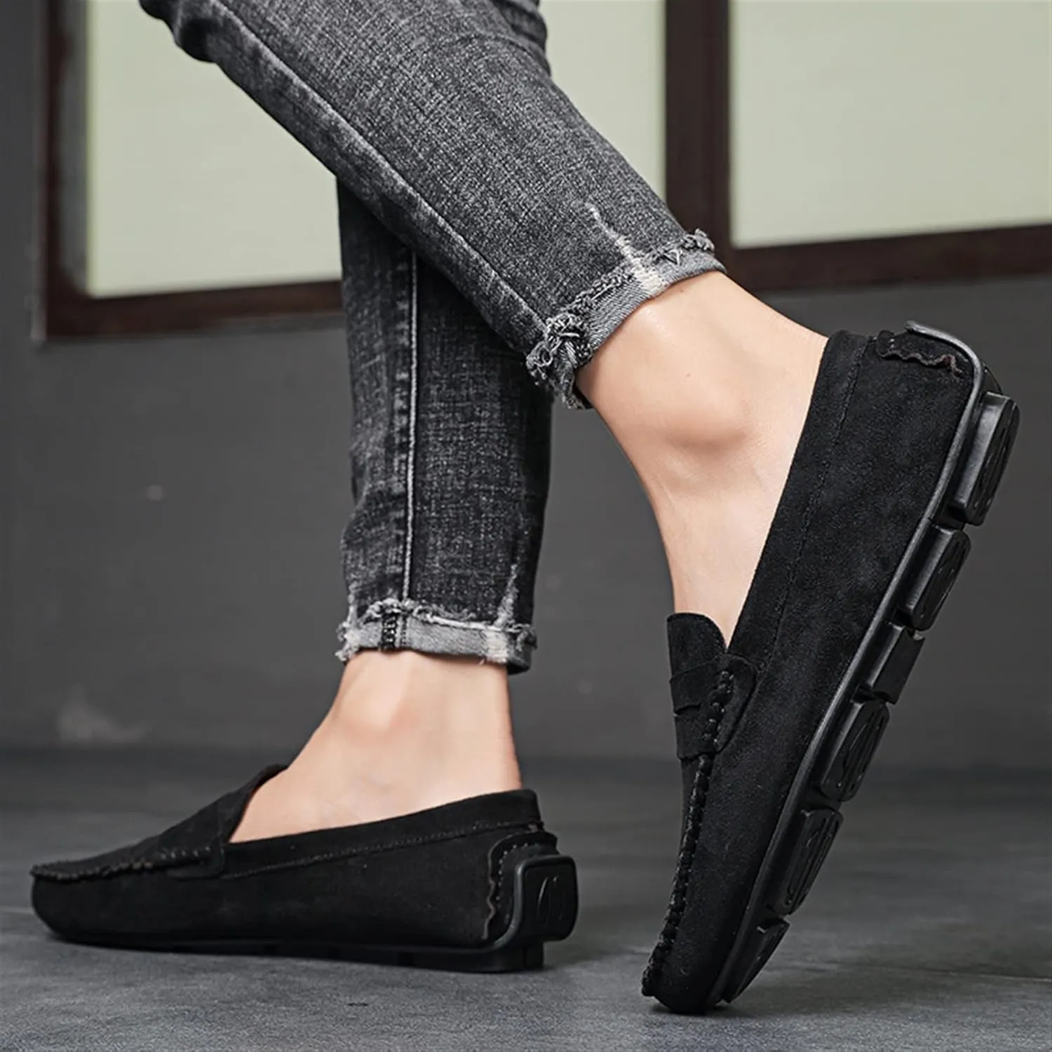 Easy to Put and Remove. Loafer Shoes Driving Moccasins for Men Genuine Leather Round Toe Suede Vamp Penny Loafer Lightweight Anti-Slip Resistant Flat Heel Flexible Outdoor for All Occasions