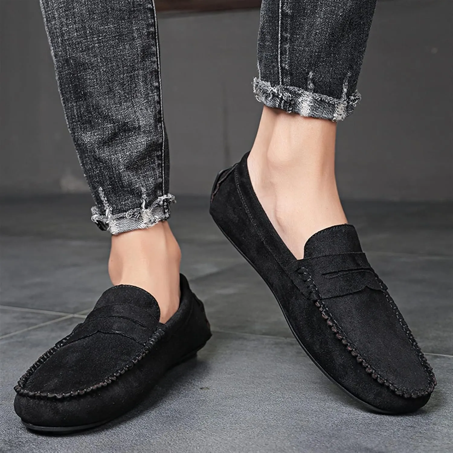 Easy to Put and Remove. Loafer Shoes Driving Moccasins for Men Genuine Leather Round Toe Suede Vamp Penny Loafer Lightweight Anti-Slip Resistant Flat Heel Flexible Outdoor for All Occasions