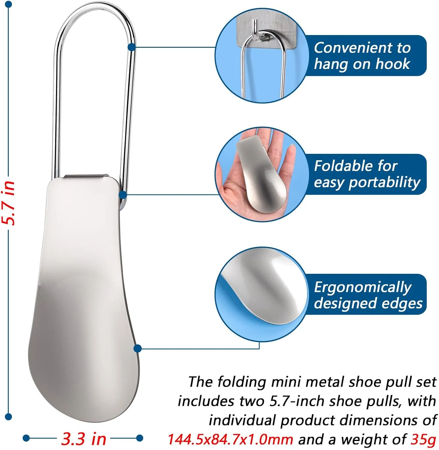Folding Mini Metal Shoe Pulls 5.7 Inch - Travel Friendly for Men, Women and Children - Pack of 2