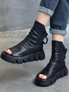 Hnewly - Urban Black Brown Zipper Hollow Platform Shoes