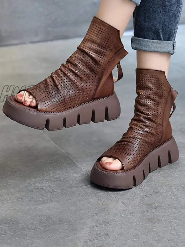 Hnewly - Urban Black Brown Zipper Hollow Platform Shoes