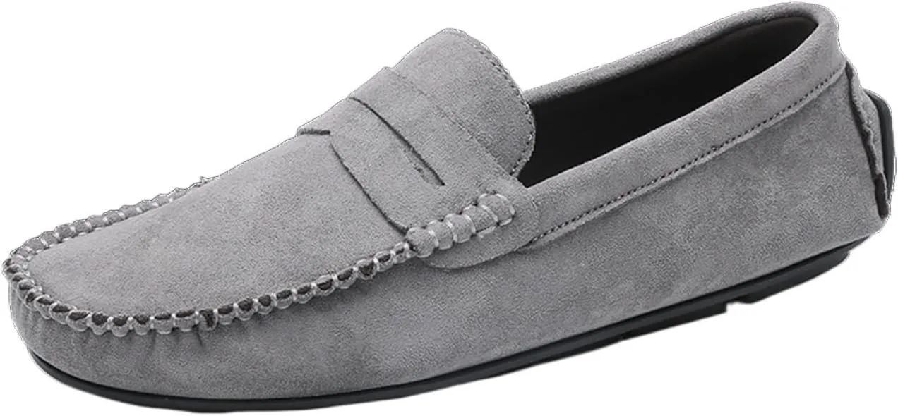 HOOENG Loafers for Men Genuine Leather Round Toe Suede Vamp Penny Loafer Lightweight Flat Heel Flexible Walking Casual Slip On (Color : Grey, Size : 7.5)