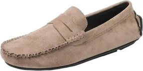 HOOENG Loafers for Men Genuine Leather Round Toe Suede Vamp Penny Loafer Lightweight Flat Heel Flexible Walking Casual Slip On (Color : Khaki, Size : 10.5)