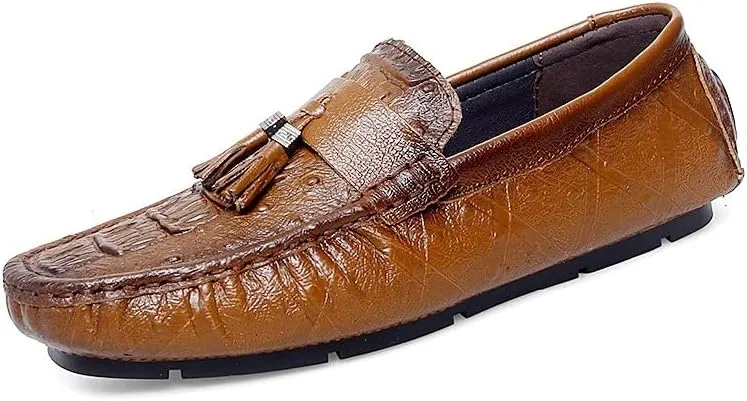 Loafers for Men Round Toe Crocodile Print with Tassel Driving Loafers Lightweight Flat Heel Anti-Slip Party Prom Slip On