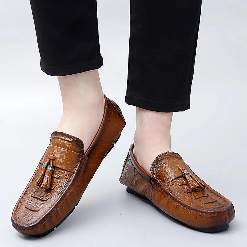 Loafers for Men Round Toe Crocodile Print with Tassel Driving Loafers Lightweight Flat Heel Anti-Slip Party Prom Slip On