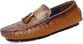 Loafers for Men Round Toe Crocodile Print with Tassel Driving Loafers Lightweight Flat Heel Anti-Slip Party Prom Slip On