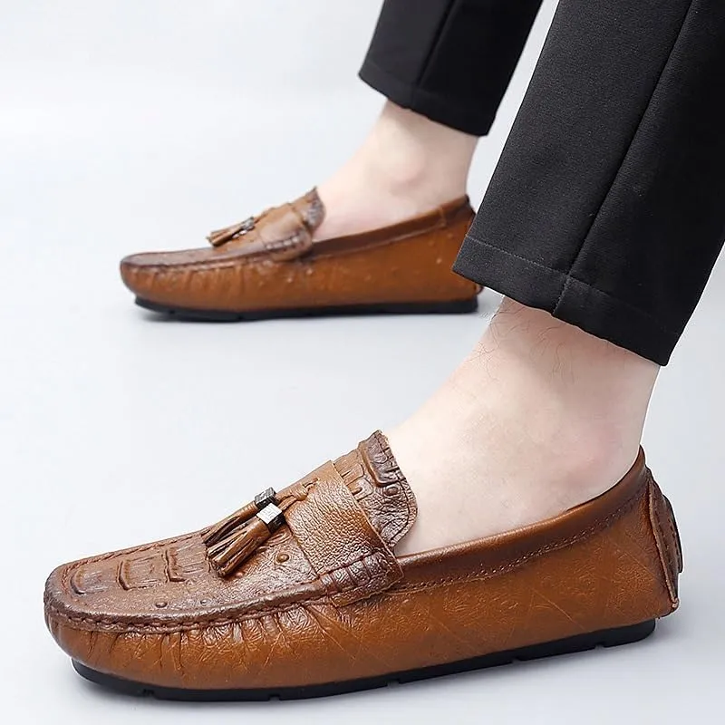Loafers for Men Round Toe Crocodile Print with Tassel Driving Loafers Lightweight Flat Heel Anti-Slip Party Prom Slip On