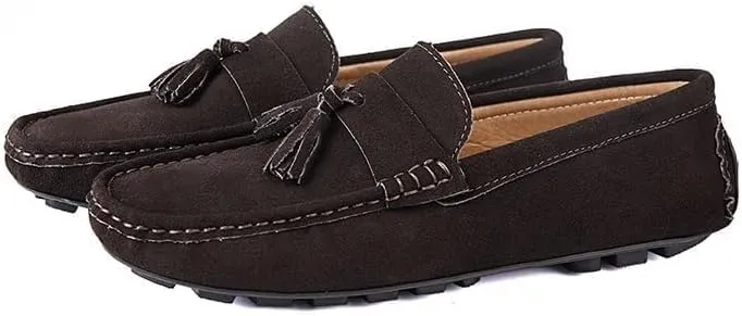 Men's Loafers Round Toe Nubuck Leather Driving Loafers with Tassel Anti-Slip Resistant Flat Heel Walking Slip On