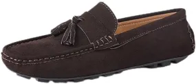 Men's Loafers Round Toe Nubuck Leather Driving Loafers with Tassel Anti-Slip Resistant Flat Heel Walking Slip On