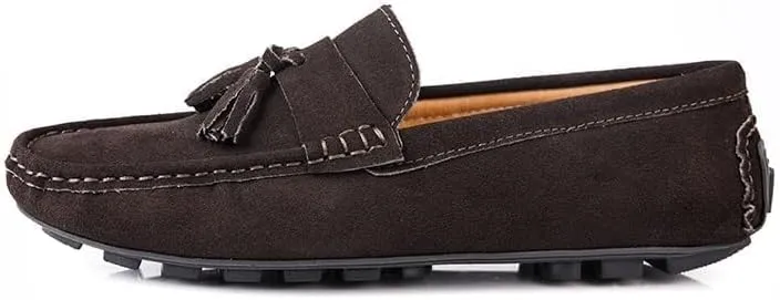 Men's Loafers Round Toe Nubuck Leather Driving Loafers with Tassel Anti-Slip Resistant Flat Heel Walking Slip On