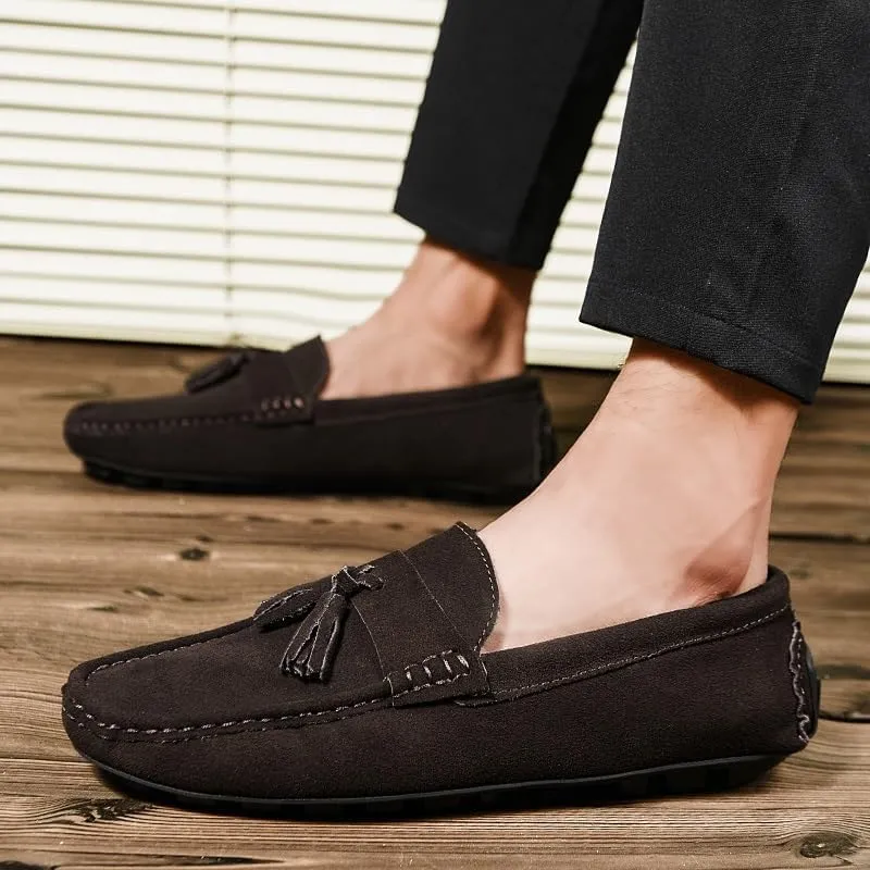 Men's Loafers Round Toe Nubuck Leather Driving Loafers with Tassel Anti-Slip Resistant Flat Heel Walking Slip On