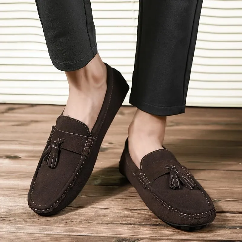 Men's Loafers Round Toe Nubuck Leather Driving Loafers with Tassel Anti-Slip Resistant Flat Heel Walking Slip On