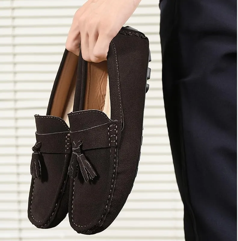 Men's Loafers Round Toe Nubuck Leather Driving Loafers with Tassel Anti-Slip Resistant Flat Heel Walking Slip On