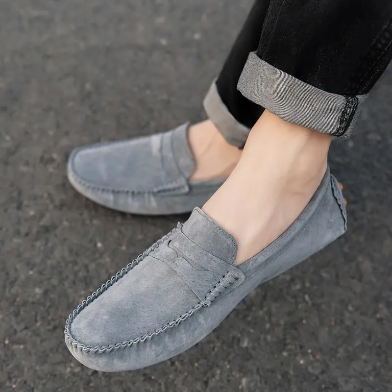 Mens Loafers Shoe Round Toe Suede Vamp Penny Driving Loafers Moc Shoes Anti-Slip Comfortable Flat Heel Party Casual Slip-ons