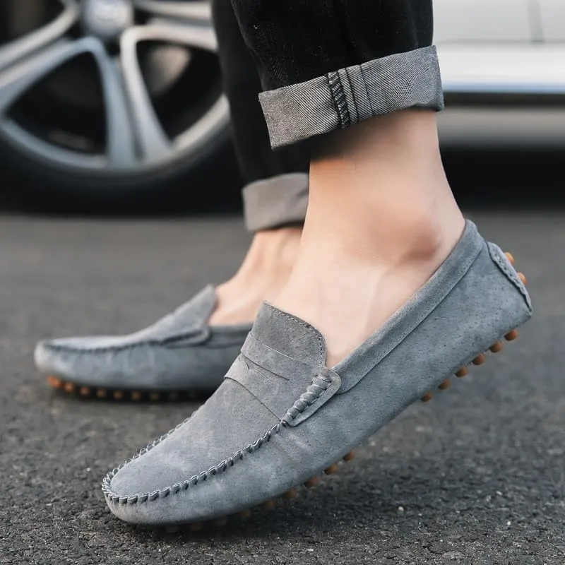 Mens Loafers Shoe Round Toe Suede Vamp Penny Driving Loafers Moc Shoes Anti-Slip Comfortable Flat Heel Party Casual Slip-ons