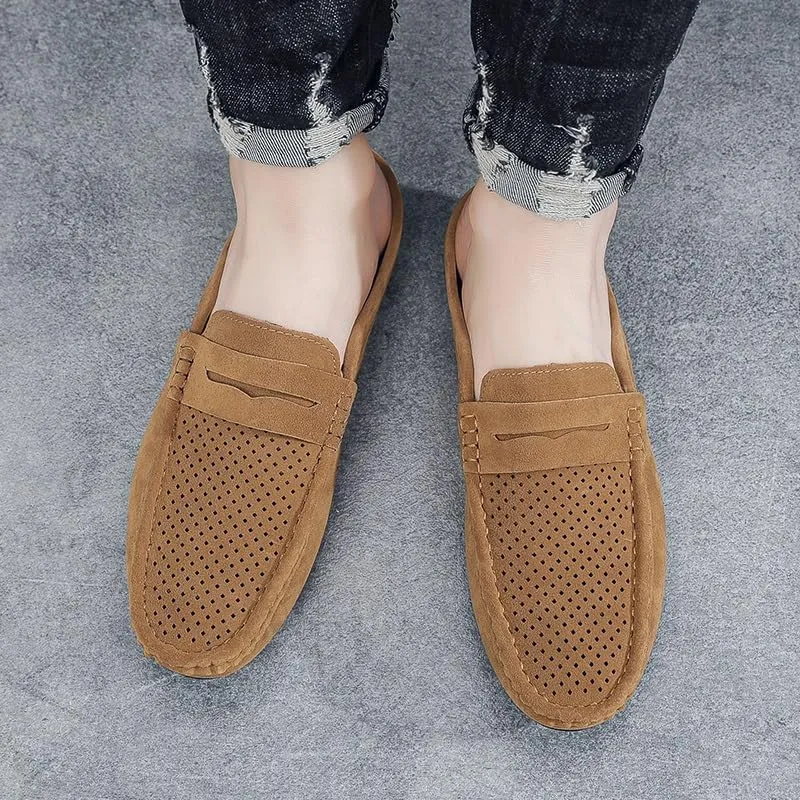 Mens Loafers Suede Vamp Perforated Half Penny Loafers Shoes Anti-Slip Lightweight Resistant Fashion Slip On