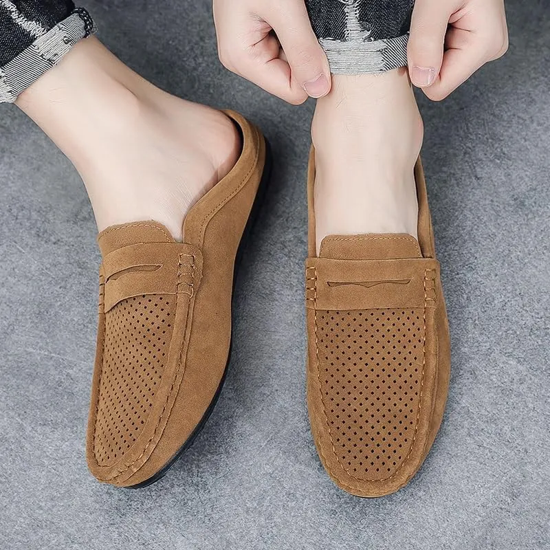 Mens Loafers Suede Vamp Perforated Half Penny Loafers Shoes Anti-Slip Lightweight Resistant Fashion Slip On