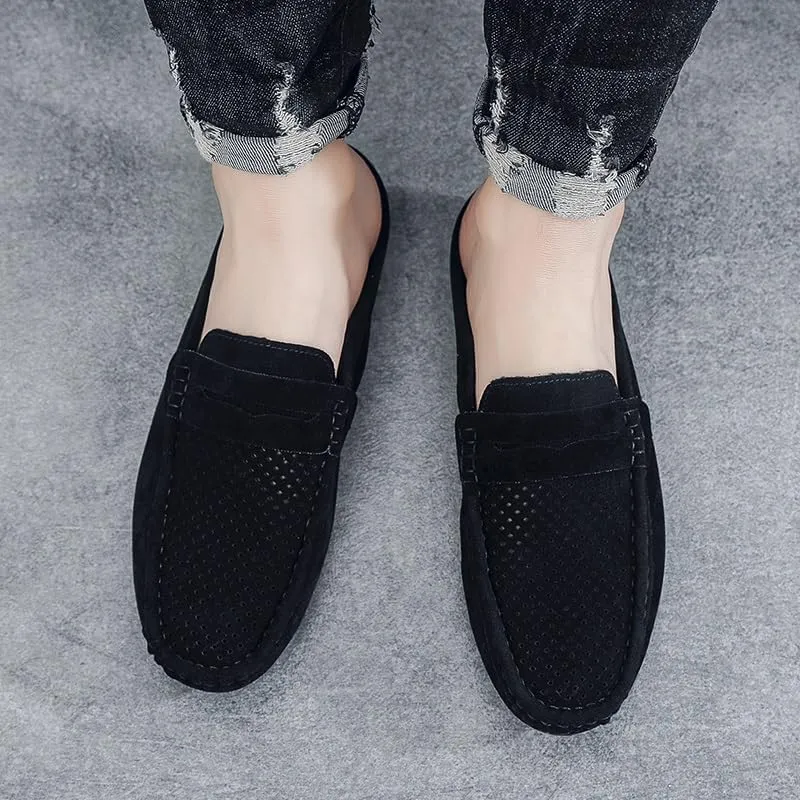 Mens Loafers Suede Vamp Perforated Half Penny Loafers Shoes Anti-Slip Lightweight Resistant Fashion Slip On