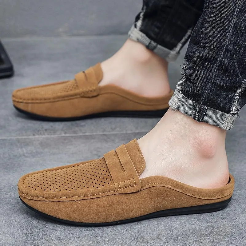 Mens Loafers Suede Vamp Perforated Half Penny Loafers Shoes Anti-Slip Lightweight Resistant Fashion Slip On