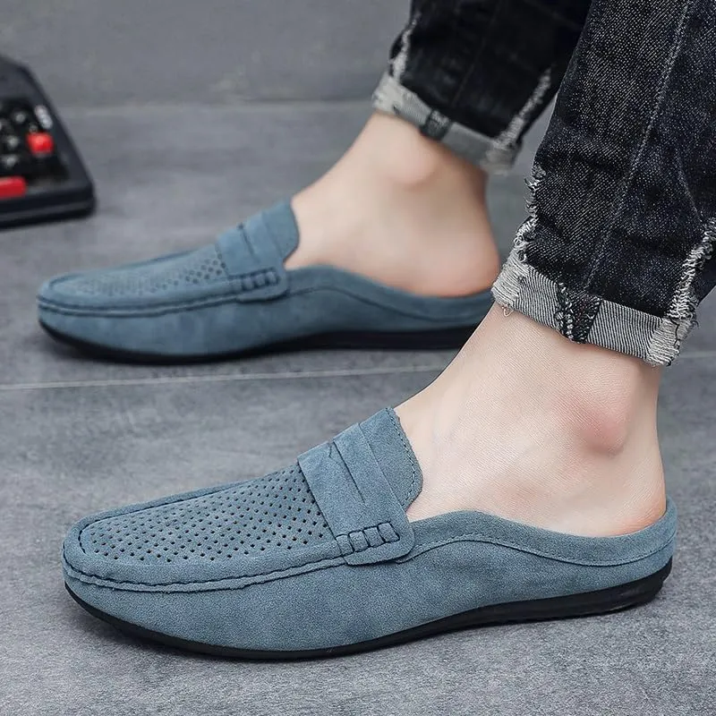 Mens Loafers Suede Vamp Perforated Half Penny Loafers Shoes Anti-Slip Lightweight Resistant Fashion Slip On