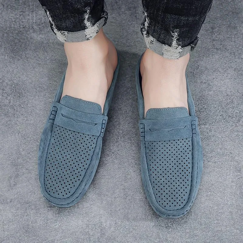Mens Loafers Suede Vamp Perforated Half Penny Loafers Shoes Anti-Slip Lightweight Resistant Fashion Slip On