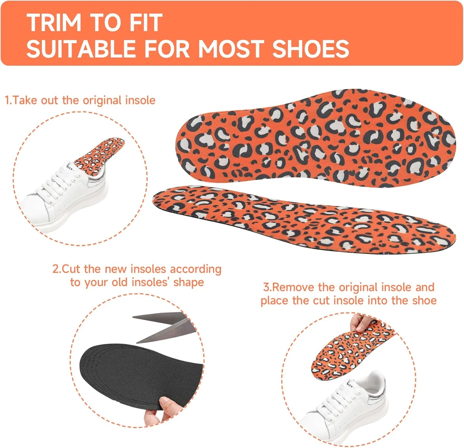 No Socks Insoles Ultra Thin Insoles Washable Barefoot Shoe Insert Women's No Show Socks Sockless Shoe Inserts Orange Shoe Insert Animal Print