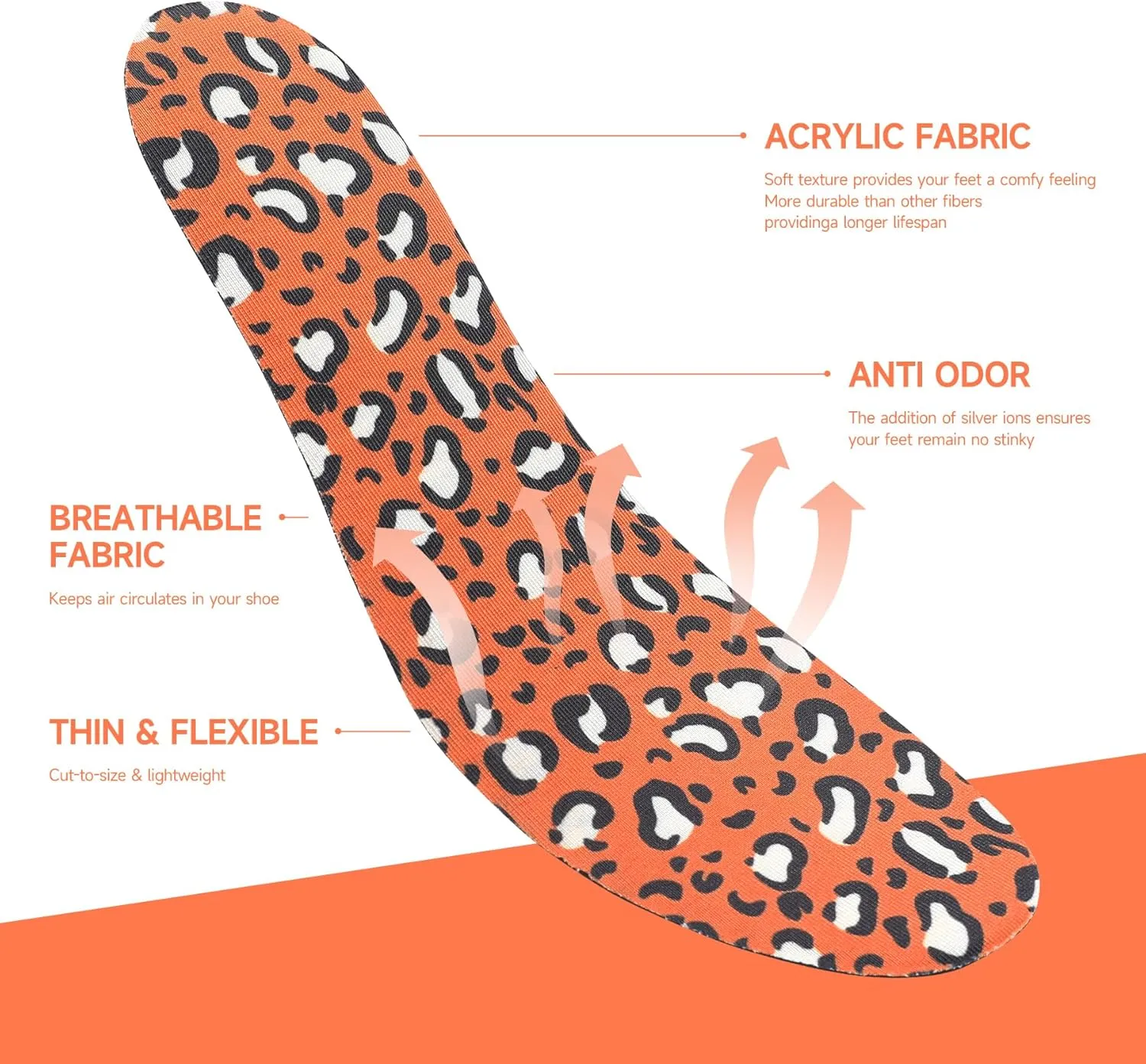 No Socks Insoles Ultra Thin Insoles Washable Barefoot Shoe Insert Women's No Show Socks Sockless Shoe Inserts Orange Shoe Insert Animal Print