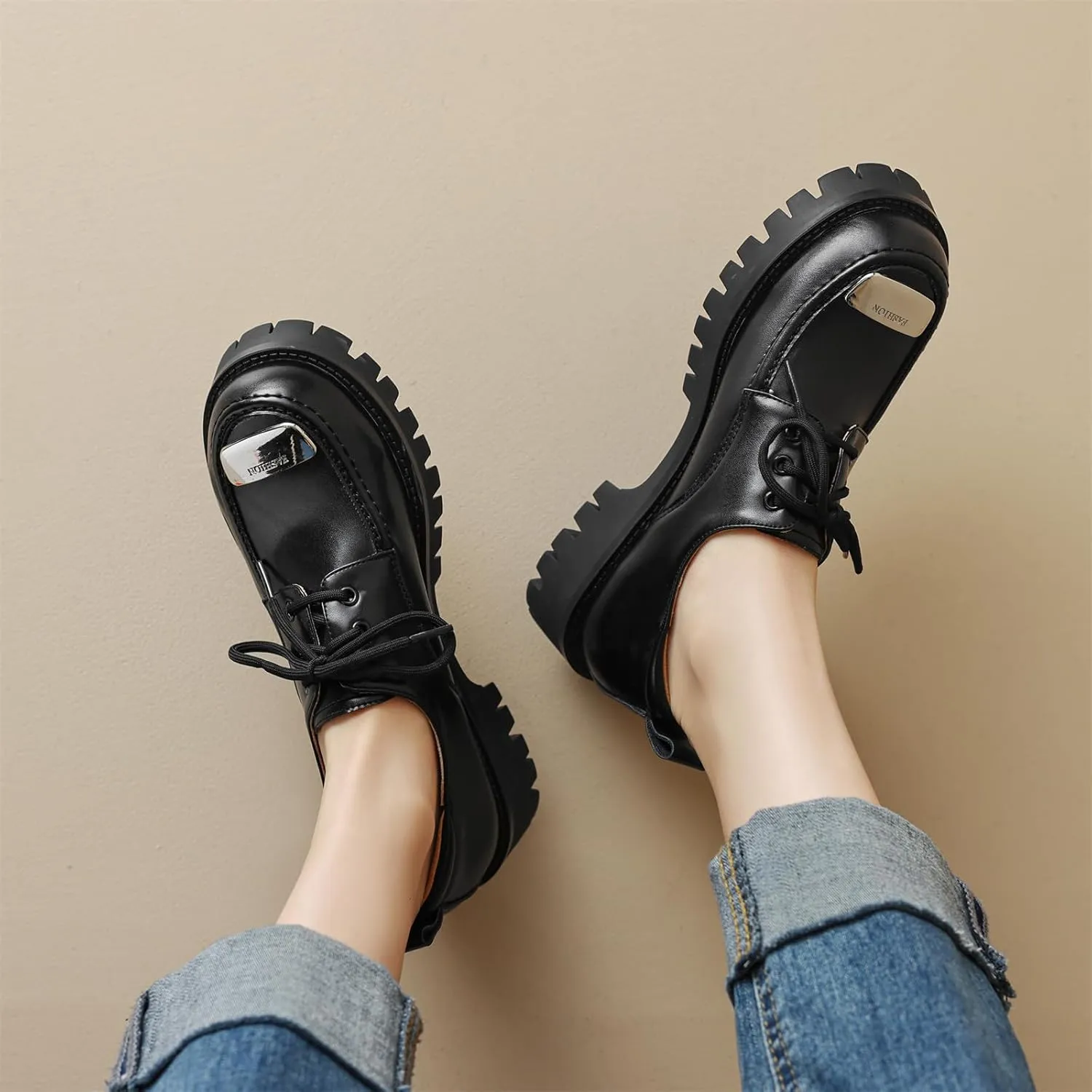 Women's Retro Platform Round Closed Toe Pump Loafers Lace Up Comfortable Chunky Mid Heel Metallic Office Work Casual Fashion Business Dress Shoes All Weather Daily Wear Flats