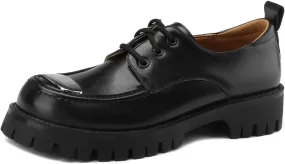Women's Retro Platform Round Closed Toe Pump Loafers Lace Up Comfortable Chunky Mid Heel Metallic Office Work Casual Fashion Business Dress Shoes All Weather Daily Wear Flats