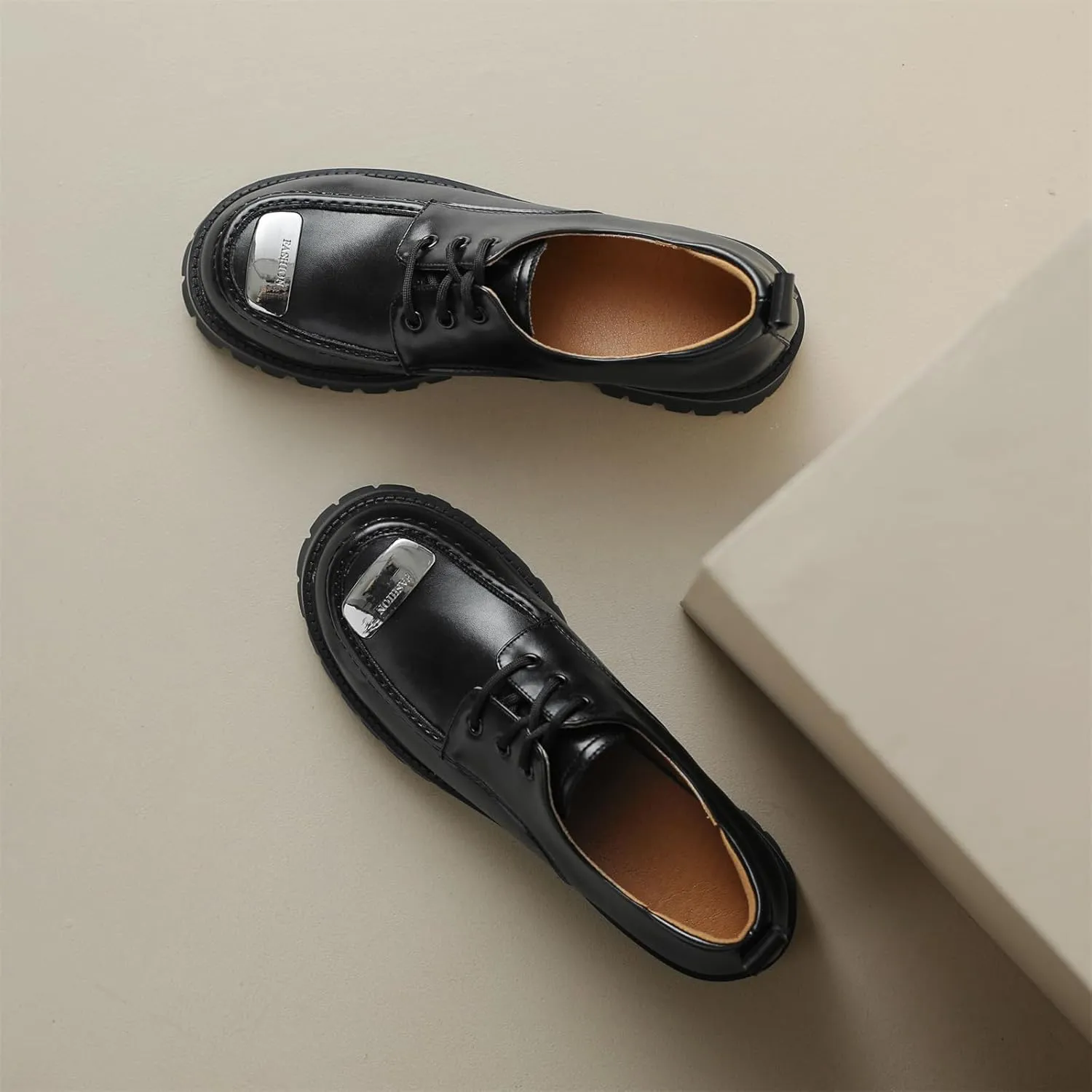 Women's Retro Platform Round Closed Toe Pump Loafers Lace Up Comfortable Chunky Mid Heel Metallic Office Work Casual Fashion Business Dress Shoes All Weather Daily Wear Flats