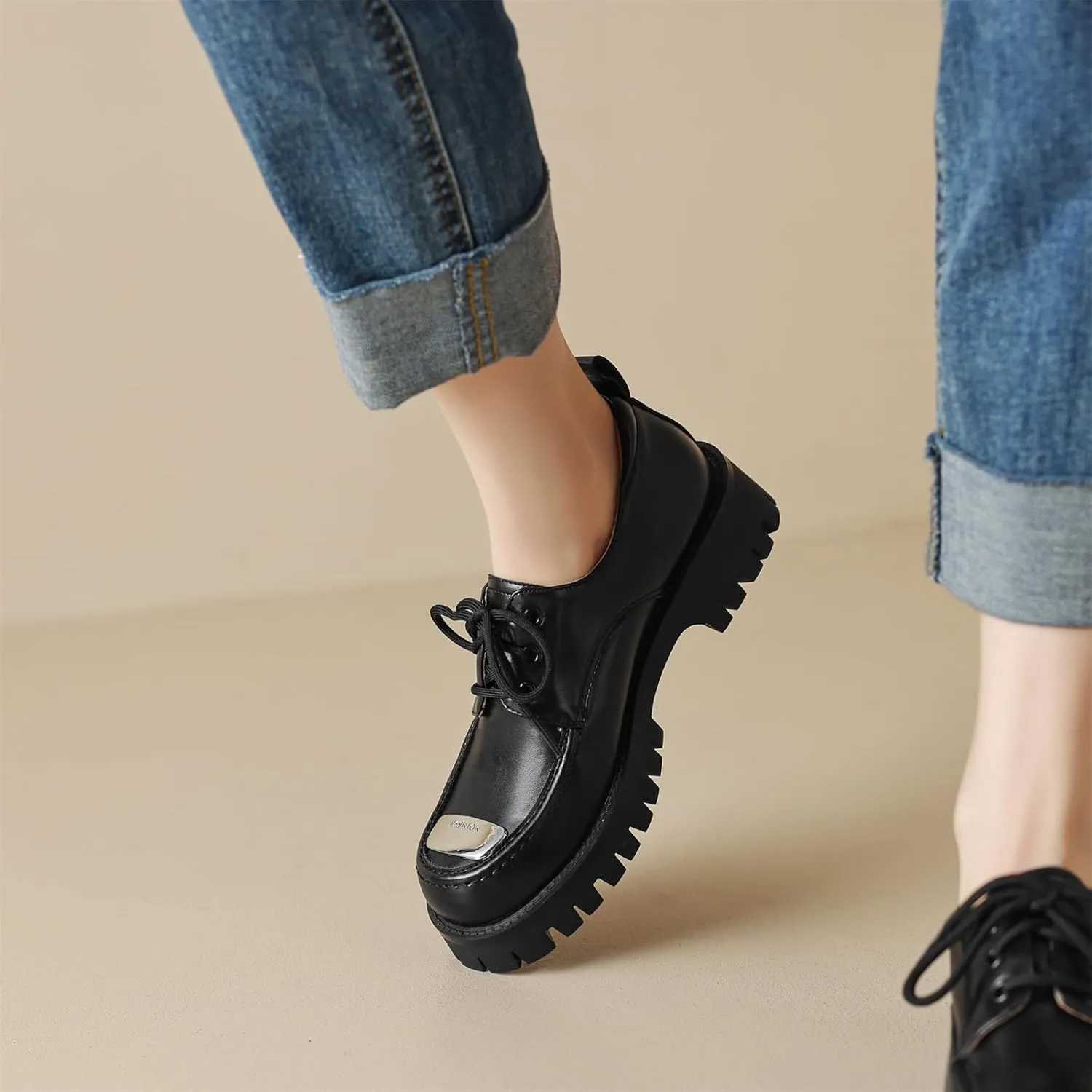 Women's Retro Platform Round Closed Toe Pump Loafers Lace Up Comfortable Chunky Mid Heel Metallic Office Work Casual Fashion Business Dress Shoes All Weather Daily Wear Flats